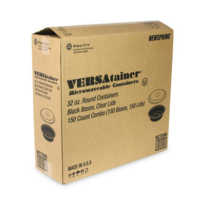 Newspring Versatainer Microwavable Containers, 32 Oz, 7" Diameter x 2.25" h, Black/Clear, Plastic, 150/Carton