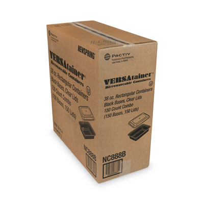 Newspring Versatainer Microwavable Containers, 38 Oz, 8.8 x 6 x 2.5, Black/Clear, Plastic, 150/Carton