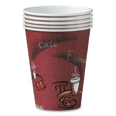 Paper Hot Drink Cups In Bistro Design, 10 Oz, Maroon, 300/Carton