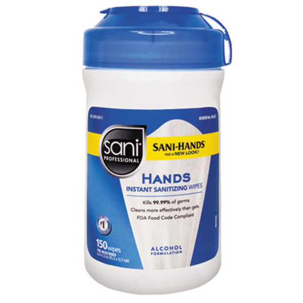 Hands Instant Sanitizing Wipes, 6 x 5, Unscented, White, 150/Canister, 12 Canisters/Carton