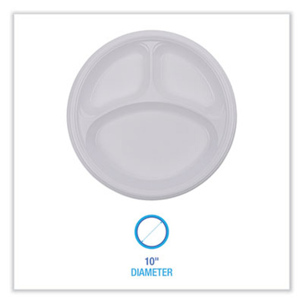 Hi-Impact Plastic Dinnerware, 3-Compartment Plate, 10" Dia, White, 500/Carton
