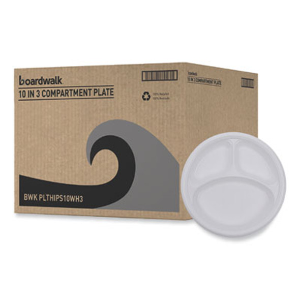 Hi-Impact Plastic Dinnerware, 3-Compartment Plate, 10" Dia, White, 500/Carton