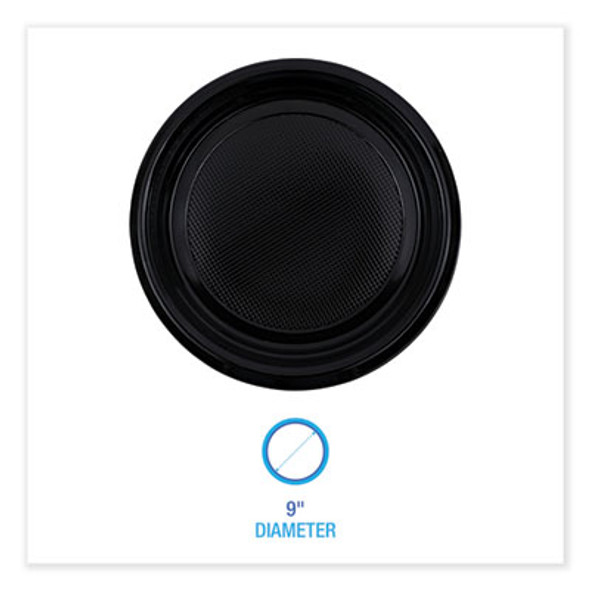 Hi-Impact Plastic Dinnerware, Plate, 9" Dia, Black, 500/Carton
