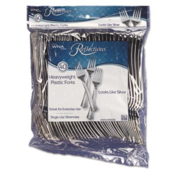 Reflections Heavyweight Plastic Utensils, Fork, Silver, 40/Pack, 8 Packs/Carton