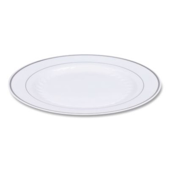 Masterpiece Plastic Plates, 10.25" Dia, White/Silver, 10/Pack, 12 Packs/Carton