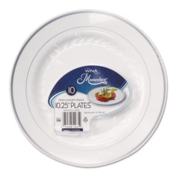 Masterpiece Plastic Plates, 10.25" Dia, White/Silver, 10/Pack, 12 Packs/Carton