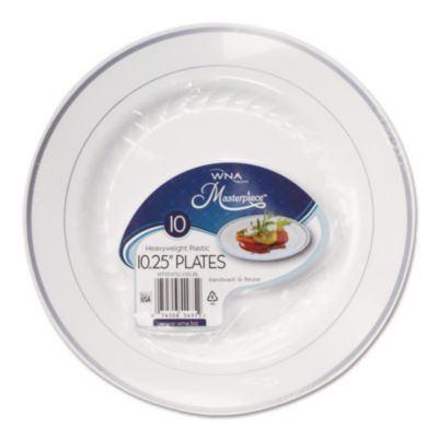 Masterpiece Plastic Plates, 10.25" Dia, White/Silver, 10/Pack, 12 Packs/Carton