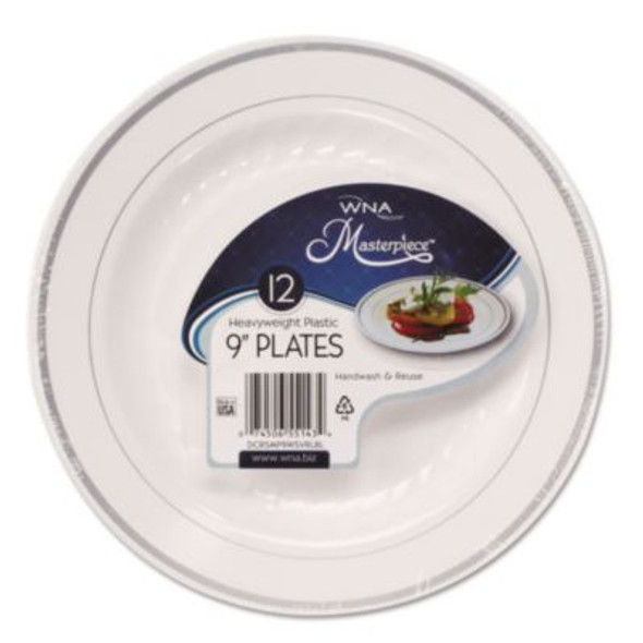 Masterpiece Plastic Dinnerware, 9" Dia, White/Silver, 10/Pack
