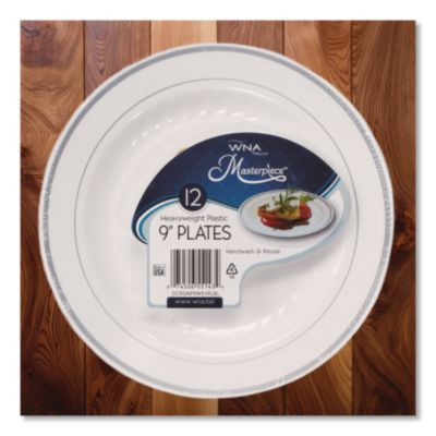 Masterpiece Plastic Dinnerware, 9" Dia, White/Silver, 10/Pack