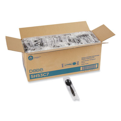 Individually Wrapped Heavyweight Soup Spoons, 5.75", Plastic, Black, 1,000/Carton