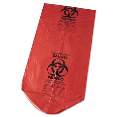 Low-Density Commercial Can Liners, Infectious Waste Biohazard, 45 Gal, 1.3 Mil, 40" x 46", Red, Interleaved, 20/Rl, 5 Rl/Ct