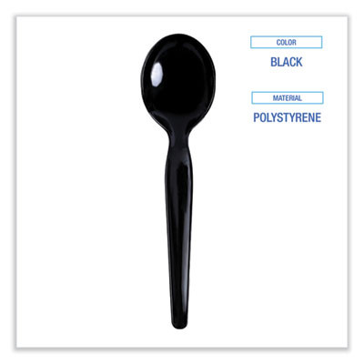 Heavyweight Polystyrene Cutlery, Soup Spoon, Plastic, Black, 1,000/Carton