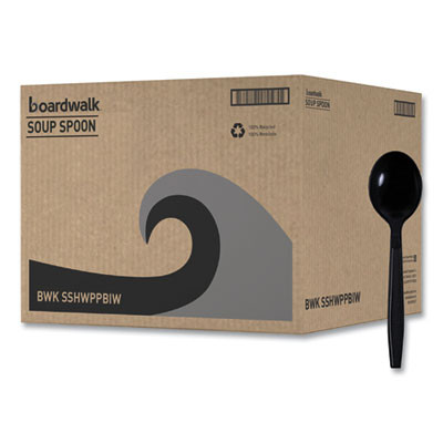 Heavyweight Wrapped Polypropylene Cutlery, Soup Spoon, Plastic, Black, 1,000/Carton