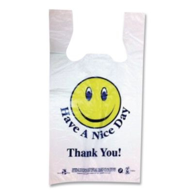 Smiley Face Shopping Bags, Thank You - Have a Nice Day Labeling, Cut-Out Handles, 11.5" x 6.5" x 21", White/Red, 900/Carton