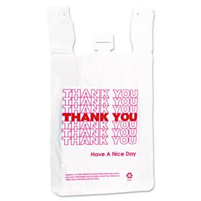 Hdpe T-Shirt Bags, Thank You - Have a Nice Day Labeling, Cut-Out Handles, 12" x 7" x 23", White/Red, 500/Carton