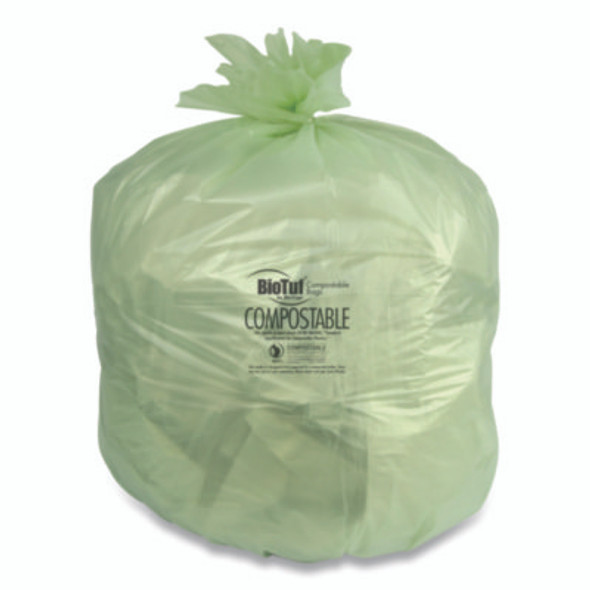 Biotuf Compostable Can Liners, 32 Gal, 1 Mil, 34" x 48", Green, 20 Bags/Roll, 5 Rolls/Carton