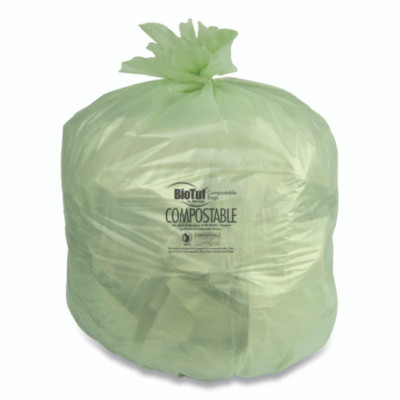 Biotuf Compostable Can Liners, 60 Gal, 0.9 Mil, 38" x 58", Green, 20 Bags/Roll, 5 Rolls/Carton