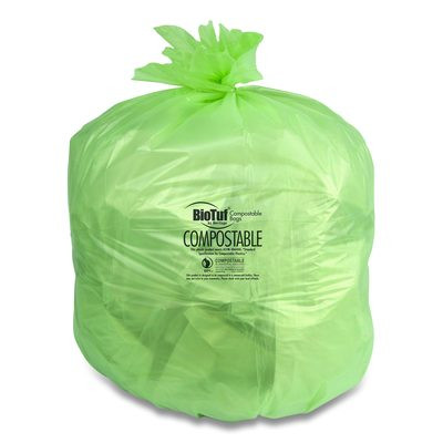 Biotuf Compostable Can Liners, 45 Gal, 0.9 Mil, 40" x 46", Green, 25 Bags/Roll, 5 Rolls/Carton