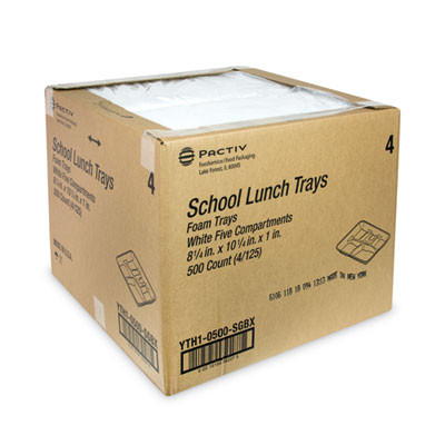 Foam School Trays, 5-Compartment Tray, 8.25 x 10.5 x 1, White, 500/Carton