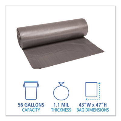 Low-Density Waste Can Liners, 56 Gal, 1.1 Mil, 43" x 47", Gray, Perforated Roll, 20 Bags/Roll, 5 Rolls/Carton