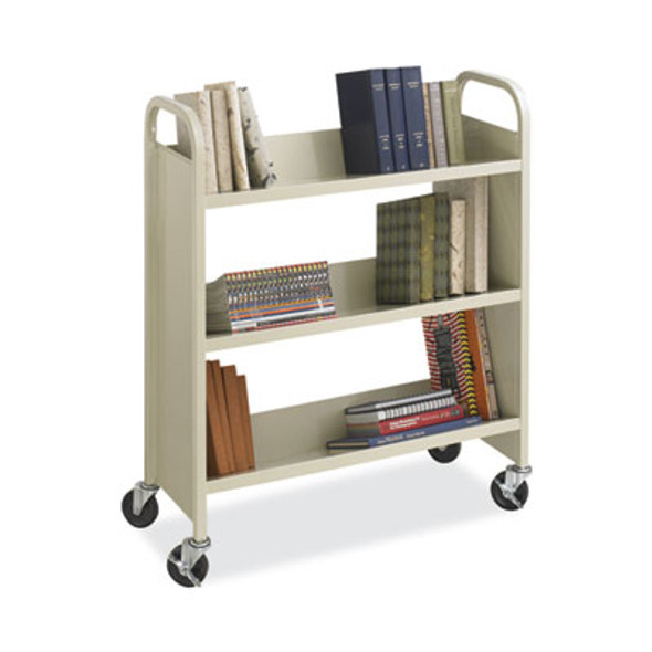 Steel Single-Sided Book Cart, Metal, 3 Shelves, 300 Lb Capacity, 36" x 14.5" x 43.5", Sand