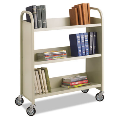 Steel Single-Sided Book Cart, Metal, 3 Shelves, 300 Lb Capacity, 36" x 14.5" x 43.5", Sand