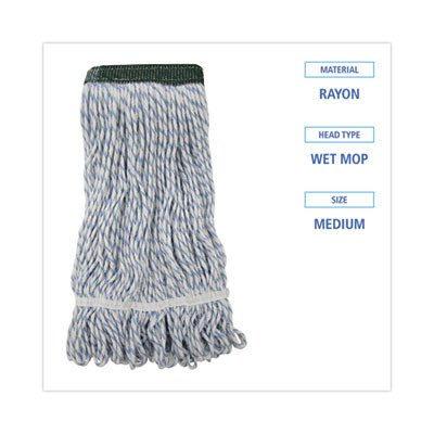 Floor Finish Mop Head, Wide, Rayon/Polyester, Medium, White/Blue Stripes, 12/Carton