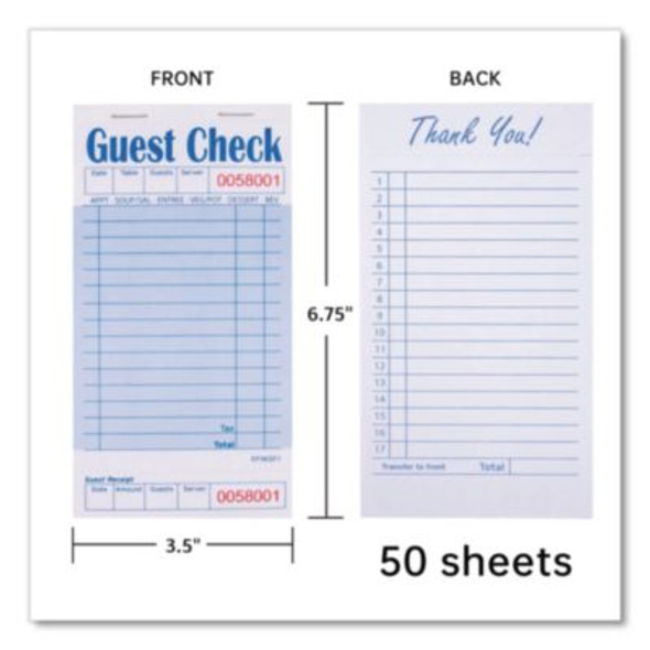 Guest Check Pad With Ruled Back, 15 Lines, One-Part (No Copies), 3.5 x 6.7, 50 Forms/Pad, 50 Pads/Carton