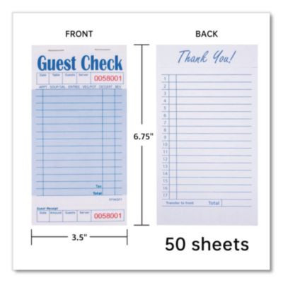 Guest Check Pad With Ruled Back, 15 Lines, One-Part (No Copies), 3.5 x 6.7, 50 Forms/Pad, 50 Pads/Carton