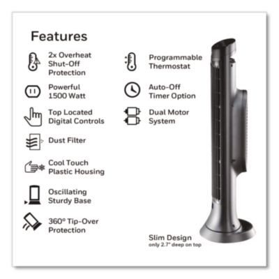 Digital Tower Heater, 1,500 W, 10.12 x 8 x 23.25, Black