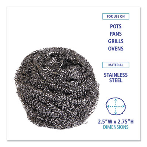 Stainless Steel Scrubber, Large Size, 2.5 X 2.75, Steel Gray, 12/Carton