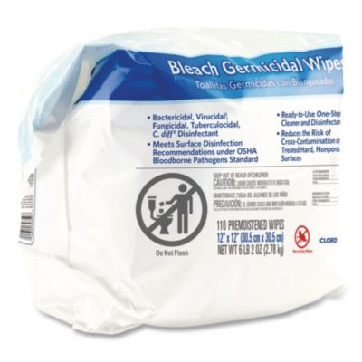 Bleach Germicidal Wipes, 1-Ply, 12 x 12, Unscented, White, 110/Refill, 2 Refills/Carton