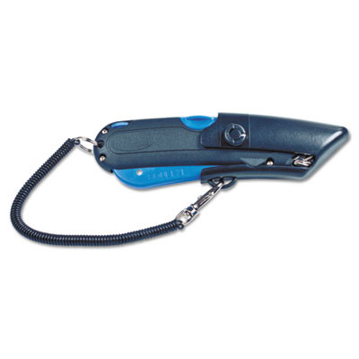 Easycut Self-Retracting Cutter With Safety-Tip Blade, Holster And Lanyard, 6" Plastic Handle, Black/Blue