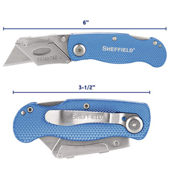 Sheffield Folding Lockback Knife, 1 Utility Blade, 2" Blade, 3.5" Aluminum Handle, Blue