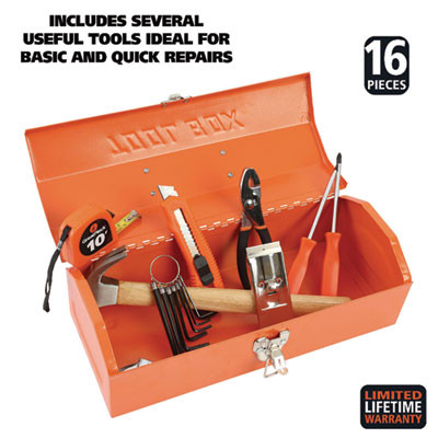 16-Piece Light-Duty Office Tool Kit, Metal Box, Red