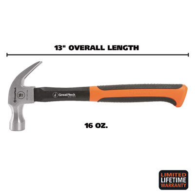 Claw Hammer, 16 Oz Drop Forged Steel Curved Claw Head, 12.8" High-Visibility Orange Fiberglass Handle