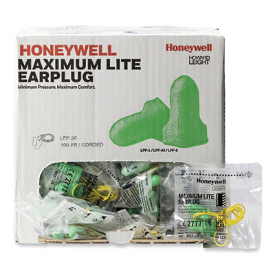 Maximum Lite Single-Use Earplugs, Corded, 30 Db Nrr, One Size Fits Most, Green Bell/T-Shaped Plugs, 100/Box