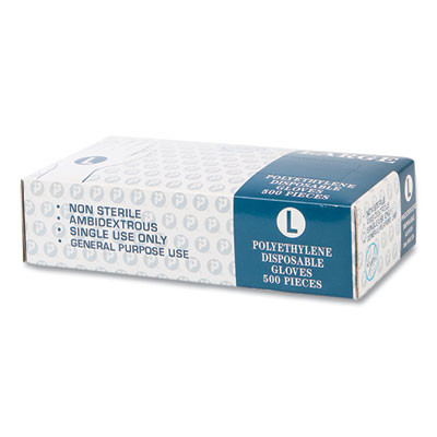 Embossed Polyethylene Disposable Gloves, Powder-Free, Large, 3 Mil Thick, Clear, 500/Box, 4 Boxes/Carton