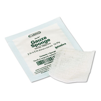 Caring Woven Gauze Sponges, Sterile, 12-Ply, 2 X 2, 2,400/Carton