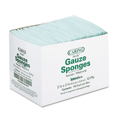 Caring Woven Gauze Sponges, Sterile, 12-Ply, 2 X 2, 2,400/Carton