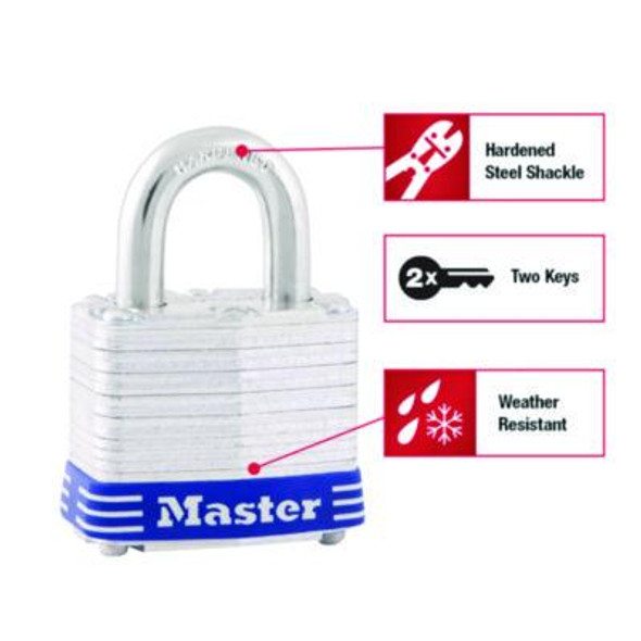 Four-Pin Tumbler Laminated Steel Lock, 2" Wide, Silver/Blue, 2 Keys