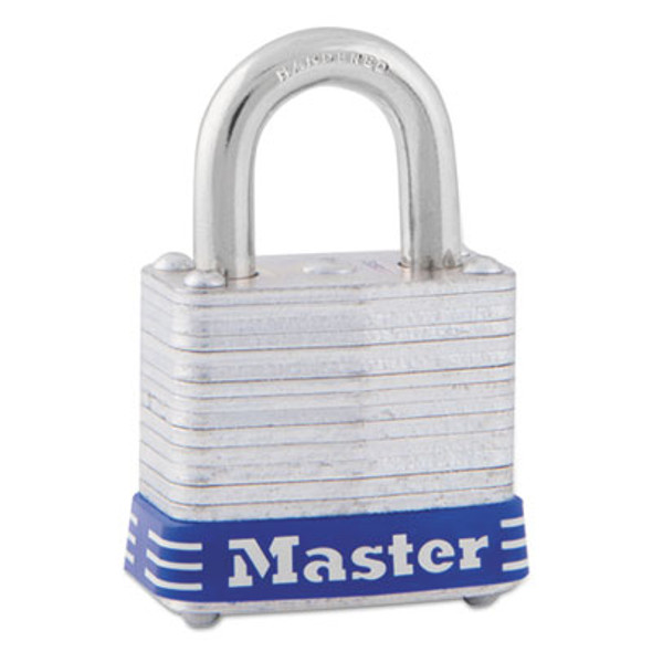 Four-Pin Tumbler Lock, Laminated Steel Body, 1.12" Wide, Silver/Blue, 2 Keys