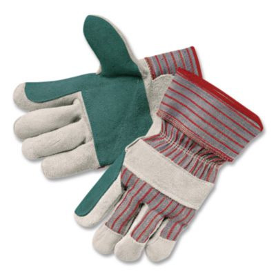 Men's Economy Leather Gloves, Jointed Double Leather Palm, Gunn Cut, Wing Thumb, Large, White/Red, 12 Pairs