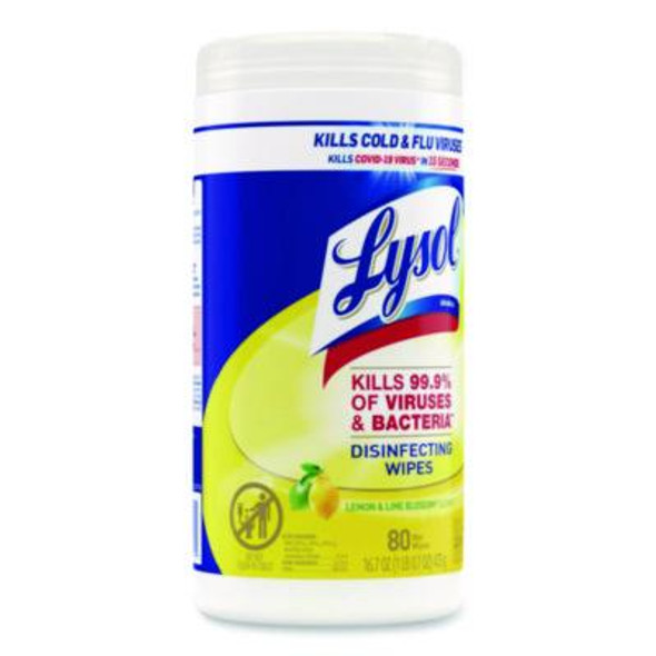 Disinfecting Wipes, 1-Ply, 7 x 7.25, Lemon And Lime Blossom, White, 80 Wipes/Canister
