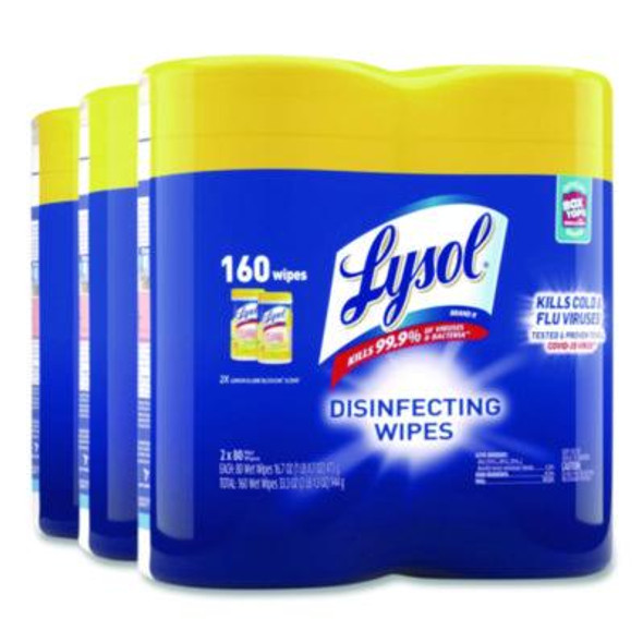 Disinfecting Wipes, 1-Ply, 7 x 7.25, Lemon And Lime Blossom, White, 80 Wipes/Canister, 2 Canisters/Pack
