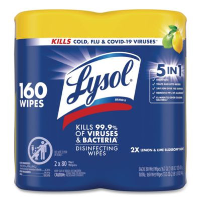 Disinfecting Wipes, 1-Ply, 7 x 7.25, Lemon And Lime Blossom, White, 80 Wipes/Canister, 2 Canisters/Pack