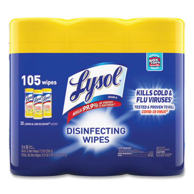 Disinfecting Wipes, 1-Ply, 7 x 7.25, Lemon And Lime Blossom, White, 35 Wipes/Canister, 3 Canisters/Pack