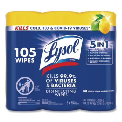 Disinfecting Wipes, 1-Ply, 7 x 7.25, Lemon And Lime Blossom, White, 35 Wipes/Canister, 3 Canisters/Pack