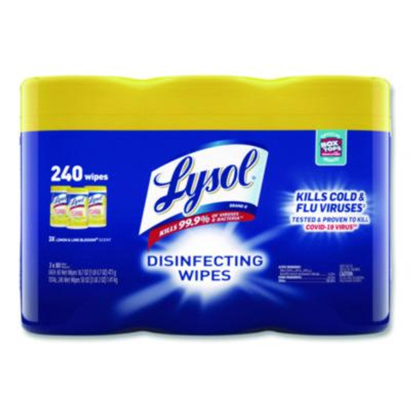 Disinfecting Wipes, 1-Ply, 7 x 7.25, Lemon And Lime Blossom, White, 80 Wipes/Canister, 3 Canisters/Pack