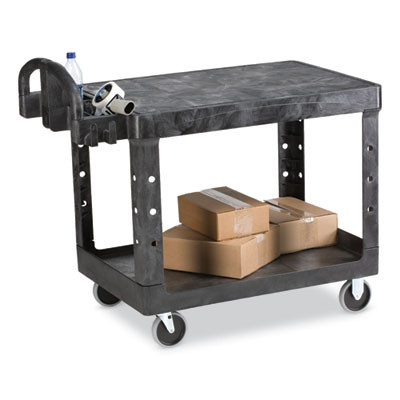 Flat Shelf Utility Cart, Plastic, 2 Shelves, 500 Lb Capacity, 25.25" x 44" x 38.13", Black